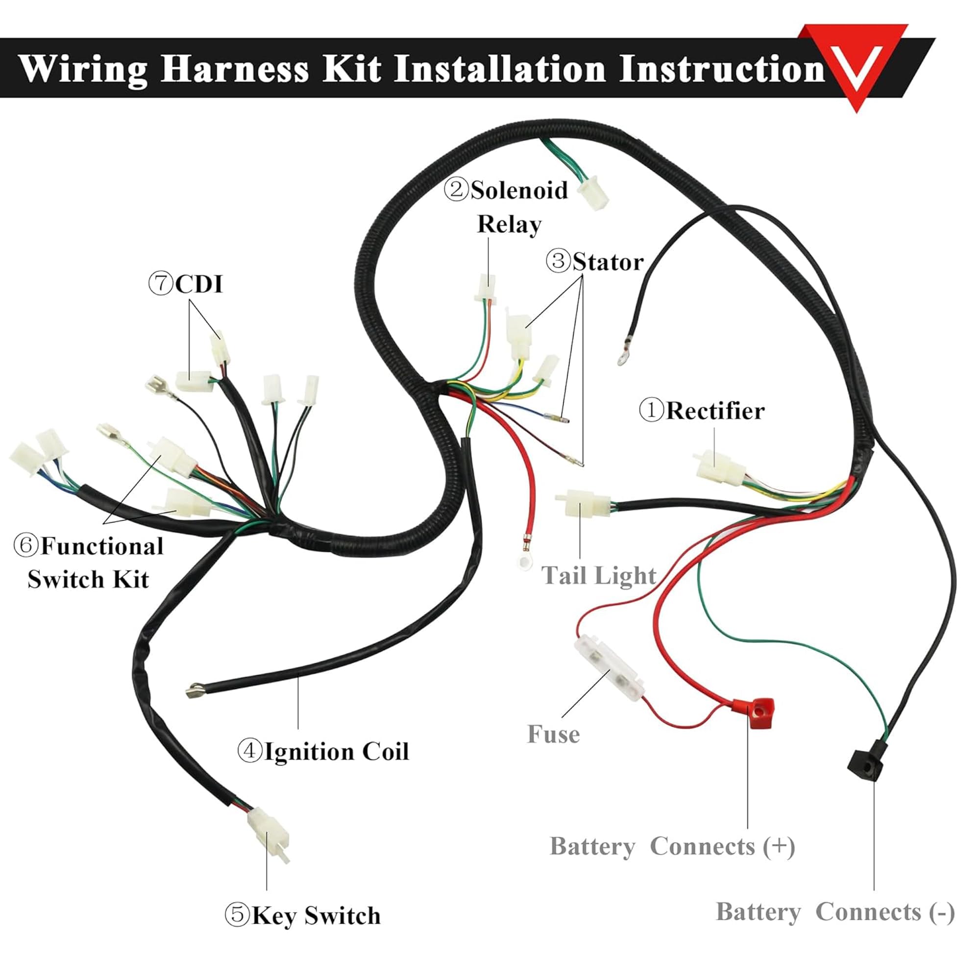 PRO BAT GY6 Full Electrics Wiring Harness W/O Waterproof Cap CDI Coil Solenoid GY6 125cc 150cc 200cc 250cc Chinese Elecric Start ATV Quad Bike Buggy Go Kart Scooter Moped Kandi